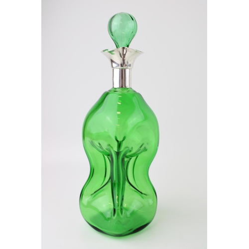 263 - Silver and green glass glug glug decanter, Birmingham 1906, William Hutton & Sons, 26cm tall.