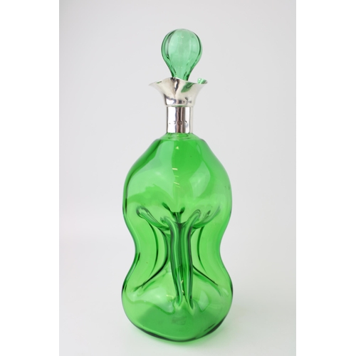 263 - Silver and green glass glug glug decanter, Birmingham 1906, William Hutton & Sons, 26cm tall.