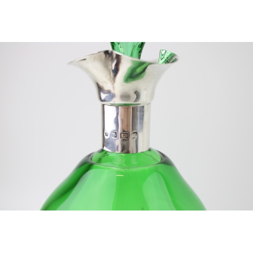 263 - Silver and green glass glug glug decanter, Birmingham 1906, William Hutton & Sons, 26cm tall.