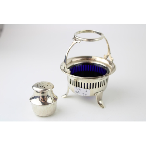 266 - Silver sugar and spice set, Sheffield 1920, J Rogers, 67.2g, blue glass liner, 10.5cm tall.