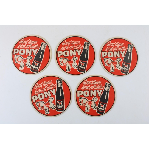 31 - Five vintage advertising beer mats 'Good Times Kick Off With A Pony'. Diameter 9.5cm.