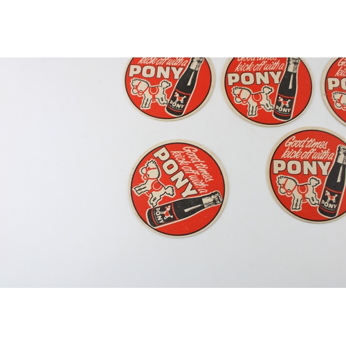 31 - Five vintage advertising beer mats 'Good Times Kick Off With A Pony'. Diameter 9.5cm.