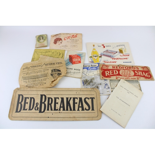 40C - A collection of advertising ephemera on card to include 'Bed & Breakfast' sign, 'Bedford's Red Shag ... 