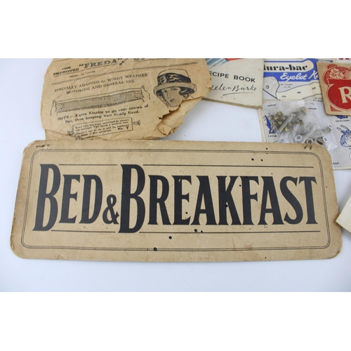 40C - A collection of advertising ephemera on card to include 'Bed & Breakfast' sign, 'Bedford's Red Shag ... 