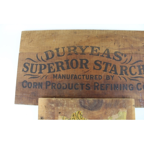 56 - A collection of advertising packing crate ends to include two Duryeas Superior Starch, Williams stov... 