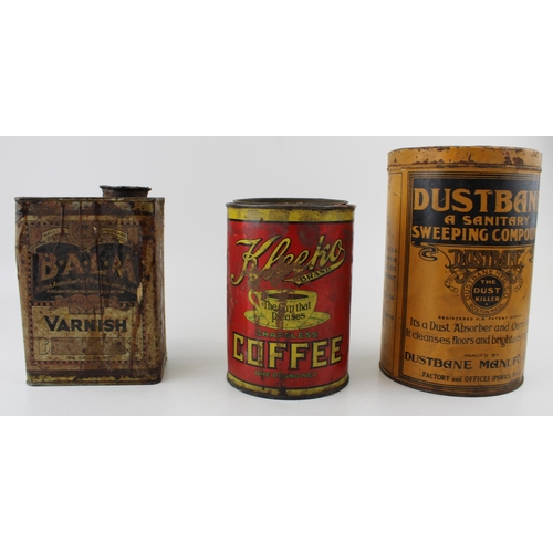 61 - Three early c20th advertising tins including Kleeko Coffee, Dustbane Sweeping Compound, and Balm hig... 