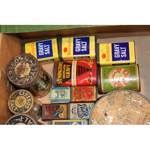 85 - A mixed collection of advertising tins to include 'Cerebos Table Salt, 'Burdall's Gravy Salt', 'Colm... 