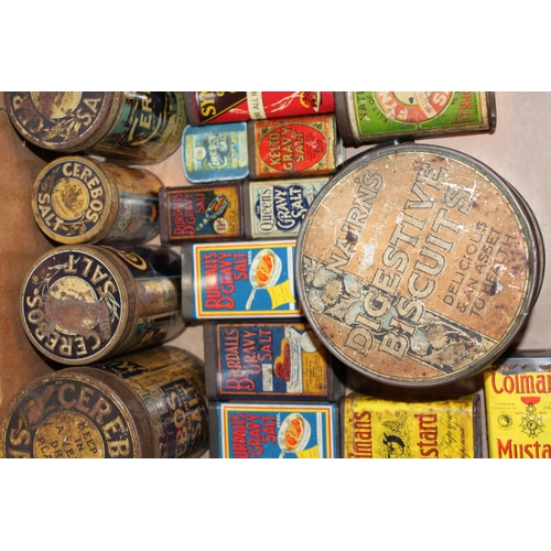 85 - A mixed collection of advertising tins to include 'Cerebos Table Salt, 'Burdall's Gravy Salt', 'Colm... 