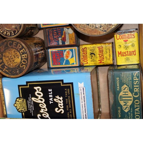 85 - A mixed collection of advertising tins to include 'Cerebos Table Salt, 'Burdall's Gravy Salt', 'Colm... 