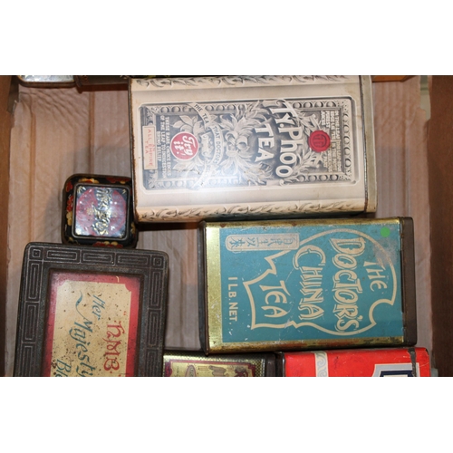 87 - A mixed collection of advertising tins to include 'The Doctor's China Tea', 'Ty-Phoo Tea', 'HMB Her ... 