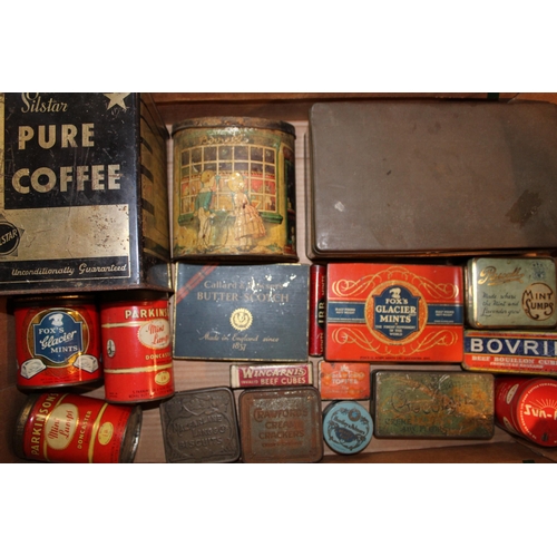 88 - A mixed collection of advertising tins to include 'Bovril', 'Sun Pat', 'Parkinson's', 'Fox's Glacier... 