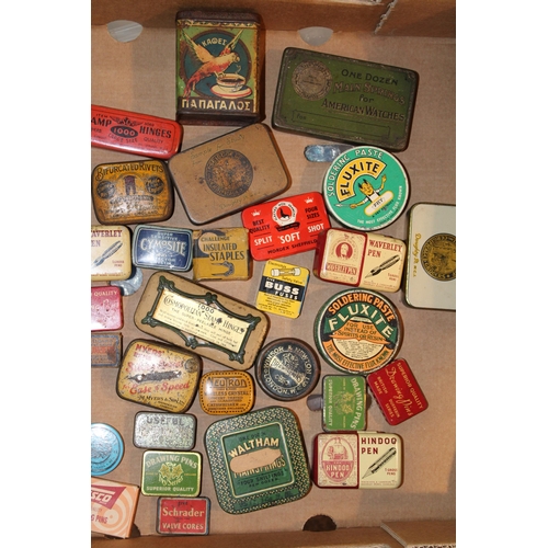 95 - A collection of advertising tins to include 'Lutona', 'Fluxite', 'Waltham', 'Hindoo Pen' and other s... 