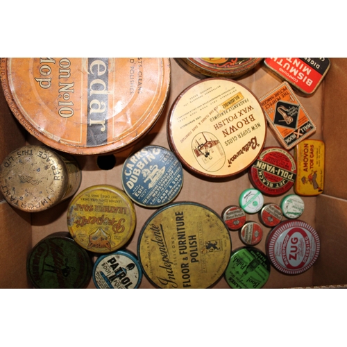 97 - A good collection of small advertising tins to include 'Amovon' Toe Caps, 'The Wall X Hook', 'Compou... 