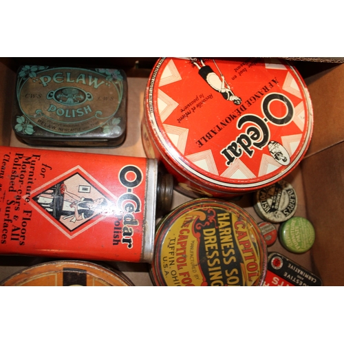 97 - A good collection of small advertising tins to include 'Amovon' Toe Caps, 'The Wall X Hook', 'Compou... 