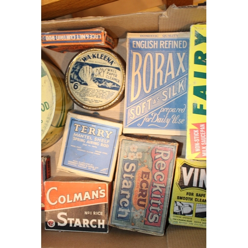 99 - A collection of advertising items to include tins and packaging for brands 'Borax', 'Fairy', 'Vim' a... 