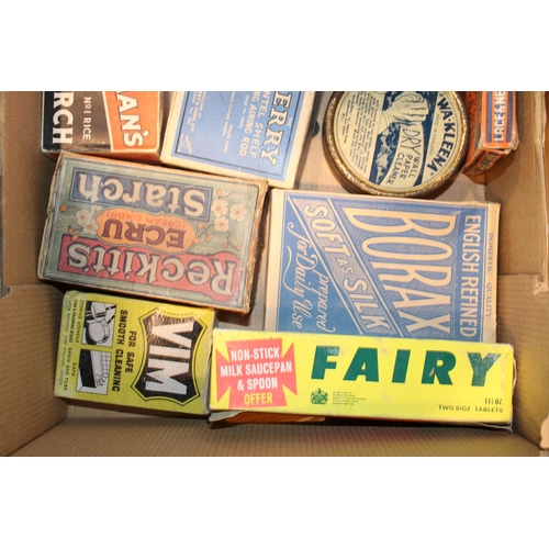 99 - A collection of advertising items to include tins and packaging for brands 'Borax', 'Fairy', 'Vim' a... 