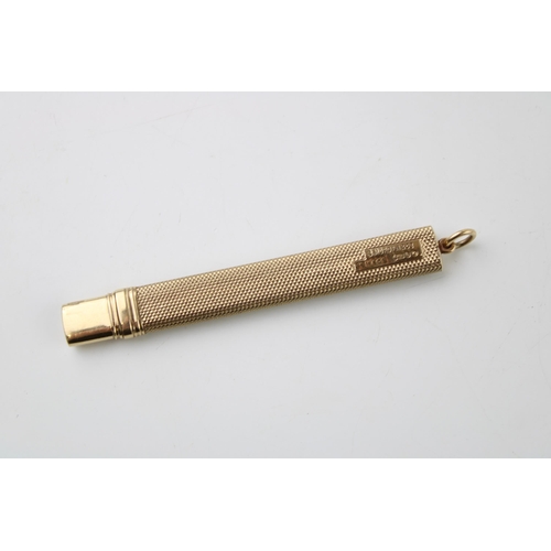 318 - Samson Mordan & Co 9ct gold pencil case / needle case, textured handle, empty, 7.2g, 9cm long.