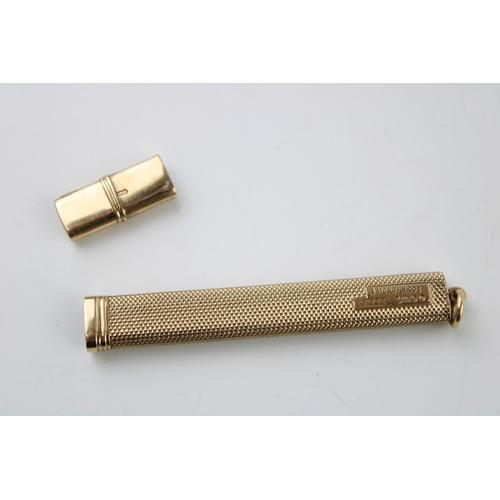 318 - Samson Mordan & Co 9ct gold pencil case / needle case, textured handle, empty, 7.2g, 9cm long.