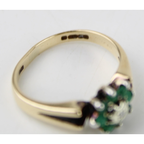 330 - Two 9ct gold rings, comprising a diamond and emerald flowerhead ring, with illusion set diamond bril... 