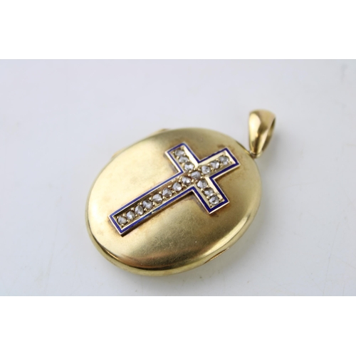 335 - A 15ct gold cased locket set with eighteen old cut diamonds in cross formation, with blue enamel bor... 