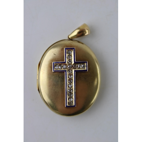 335 - A 15ct gold cased locket set with eighteen old cut diamonds in cross formation, with blue enamel bor... 