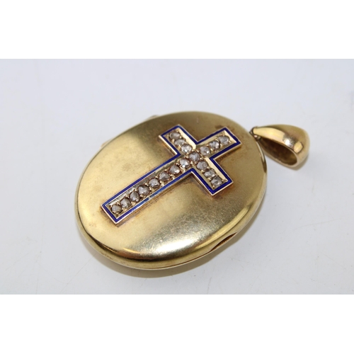 335 - A 15ct gold cased locket set with eighteen old cut diamonds in cross formation, with blue enamel bor... 