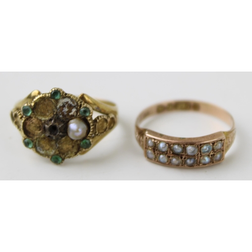 343 - A Victorian 9ct gold and seed pearl set ring, size L/M, 1.0g and a further Victorian flowerhead ring... 