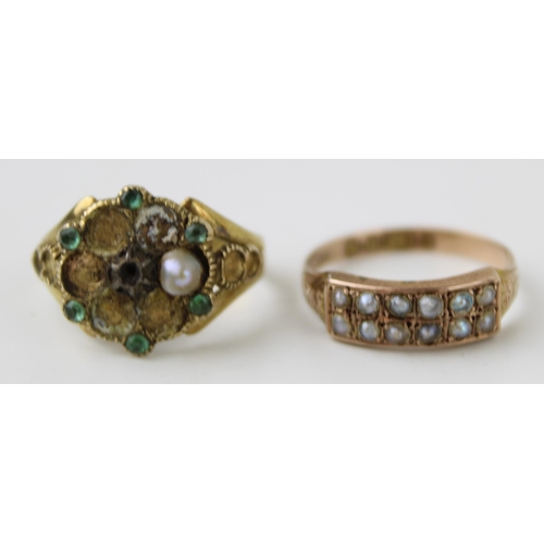 343 - A Victorian 9ct gold and seed pearl set ring, size L/M, 1.0g and a further Victorian flowerhead ring... 