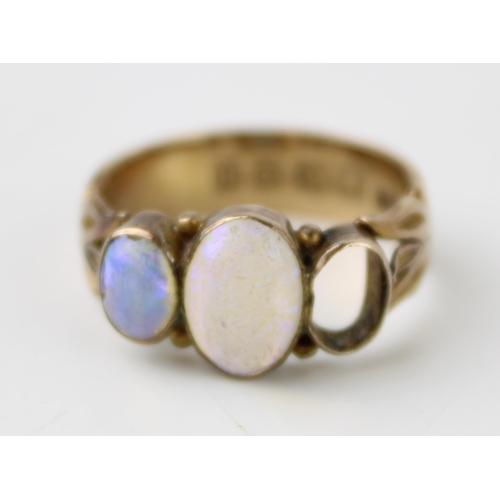 360 - An 18ct rose gold and opal three stone ring, a/f one opal absent, size K/L, 4.2g.