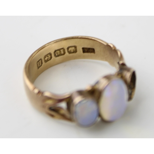 360 - An 18ct rose gold and opal three stone ring, a/f one opal absent, size K/L, 4.2g.