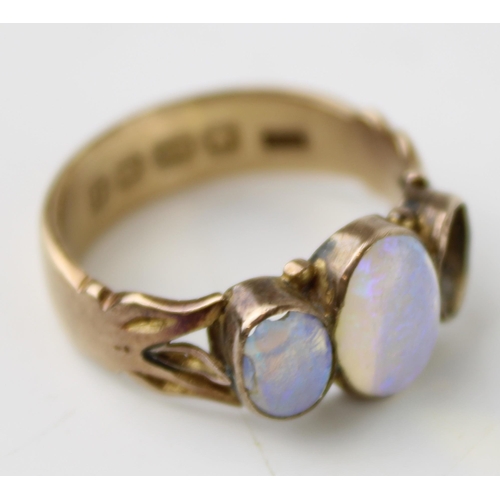 360 - An 18ct rose gold and opal three stone ring, a/f one opal absent, size K/L, 4.2g.