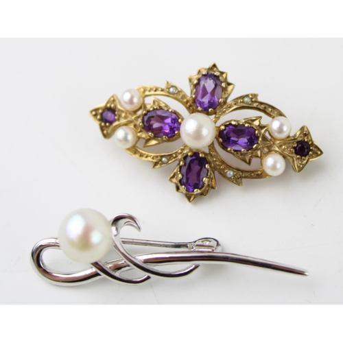 361 - A 9ct gold amethyst and pearl brooch, with central quatrafoil of four oval cut amethysts, with pearl... 