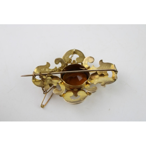 361 - A 9ct gold amethyst and pearl brooch, with central quatrafoil of four oval cut amethysts, with pearl... 