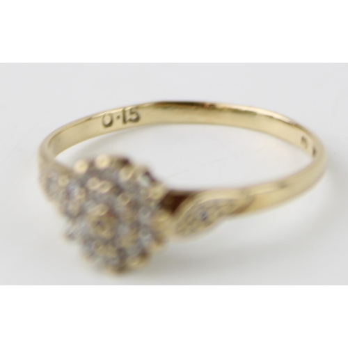 370 - 9ct gold flower head ring, set diamonds, Size N, 1.3g.