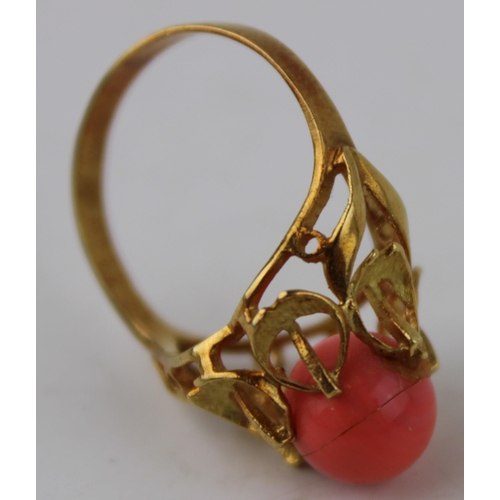 378 - 14ct gold (tests as) lady's ornate floral ring, set coral, 3.0g, size L.