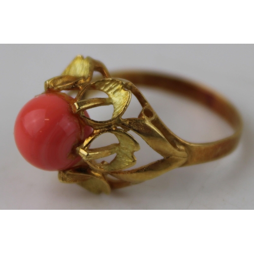 378 - 14ct gold (tests as) lady's ornate floral ring, set coral, 3.0g, size L.