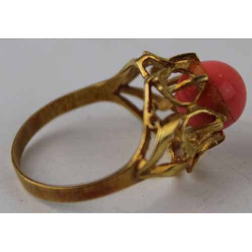 378 - 14ct gold (tests as) lady's ornate floral ring, set coral, 3.0g, size L.