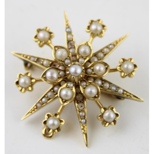 379 - 9ct gold brooch, set seed pearls, higher carat gilding, 8.1g.