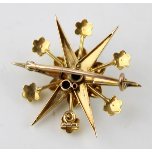 379 - 9ct gold brooch, set seed pearls, higher carat gilding, 8.1g.