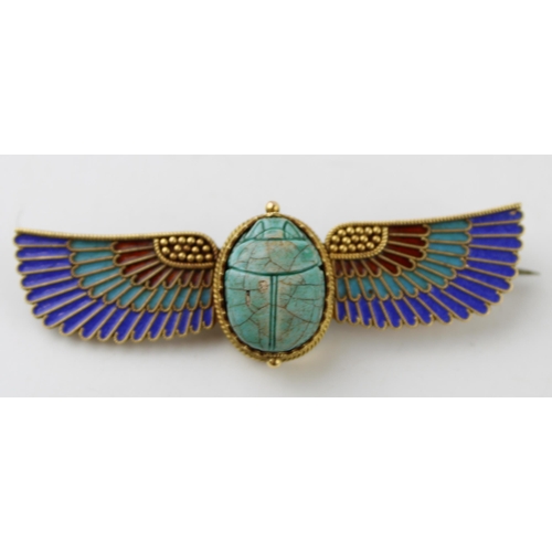 381 - 15ct gold Egyptian Revival brooch, scarab beetle, enamel decoration, steel pin, 12.5g, 64mm wide.