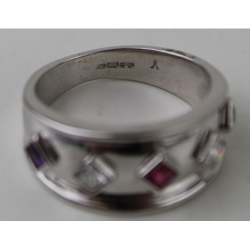 394 - 9ct white gold ring, set stones in lozenge form, amethyst, CZs and others, 7.1g, size O/P.