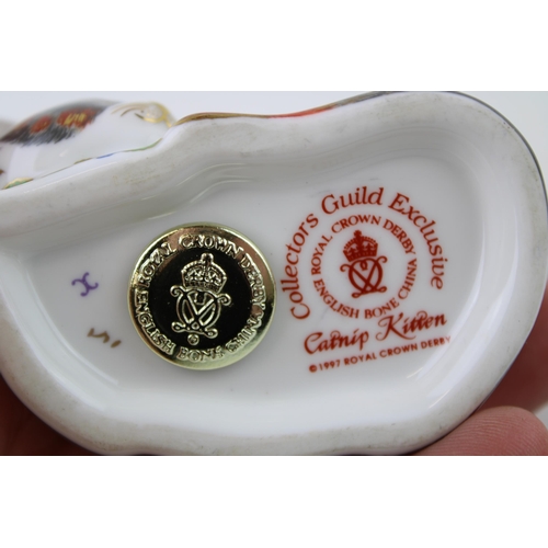 124 - Royal Crown Derby paperweight, Catnip Kitten, 8cm, an exclusive for the RCD Collectors Guild, gold s... 