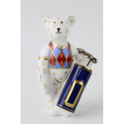 157 - Royal Crown Derby miniature bear paperweight, Golfer, 7cm high, red printed marks to the base (Pleas... 