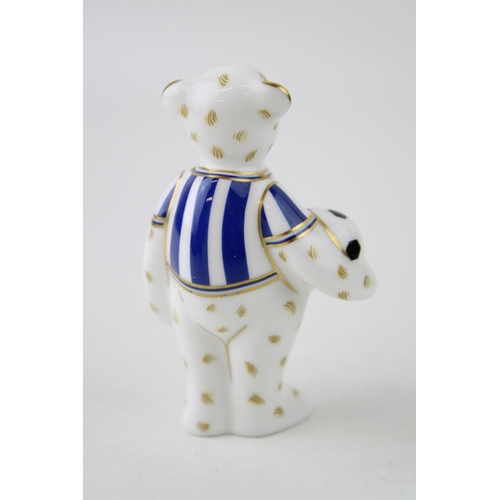 158 - Royal Crown Derby miniature bear paperweight, Footballer Blue and White stripes, (9cm), red Royal Cr... 