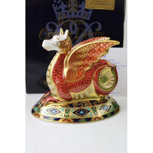 Royal Crown Derby paperweight, The Wessex Wyvern, 13cm high, based on the fabled winged dragon of Wessex and the fourth in the series inspired by Heraldic Beasts,  this is number 354 of a limited edition of 2,000, gold stopper, red printed marks, boxed with certificate.