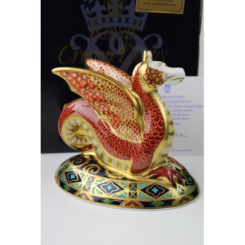 225 - Royal Crown Derby paperweight, The Wessex Wyvern, 13cm high, based on the fabled winged dragon of We... 