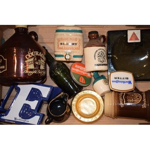 85A - A mixed collection of breweriana collectables including 'Courage' beer tray, ashtrays, flagons and o... 