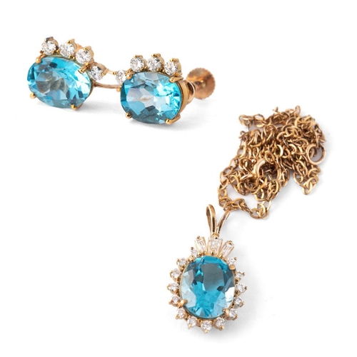 360A - 14ct gold diamond and topaz demi parure of earrings and pendant, with chain, 40cm long, combined 8.7... 