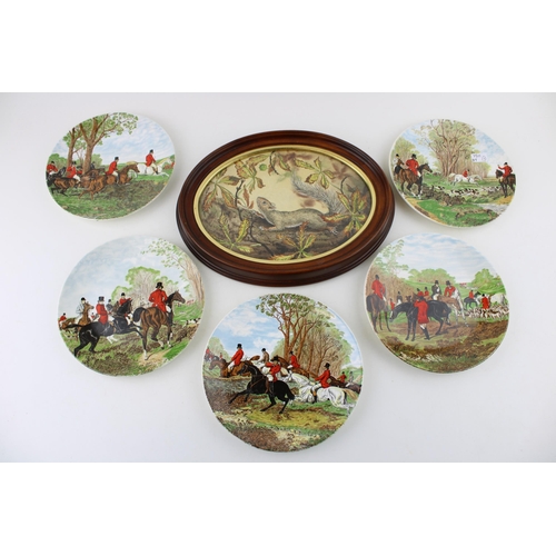 250 - A collection of Poole plates decorated with hunting scenes together with an original watercolour in ... 