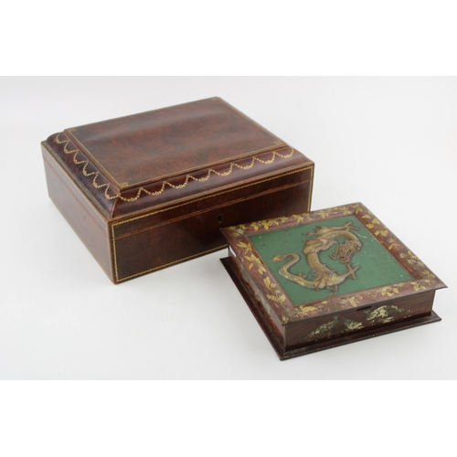 252 - An antique style jewellery box with key together with an antique tin with Chinese Dragon design and ... 